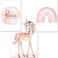 Los mejores  - artpin® Juego de 3 imágenes de unicornio para habitación infantil- decoración de pared- tamaño A4- póster rosa- arcoíris…